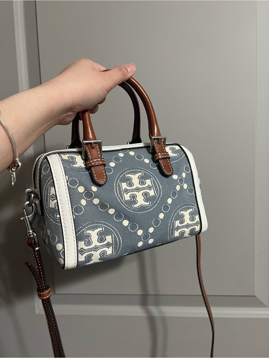 Tory Burch Handbags - Tory Burch Blue Logo Jacquard Mini Satchel with Brown Trim